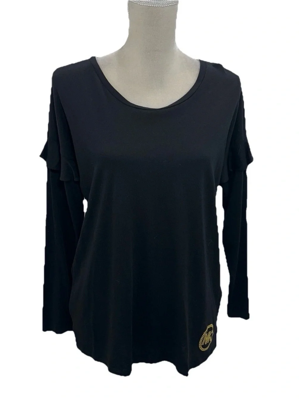 Michael Kors Black Long-Sleeve Ruffle Shoulder Tee with Gold Logo